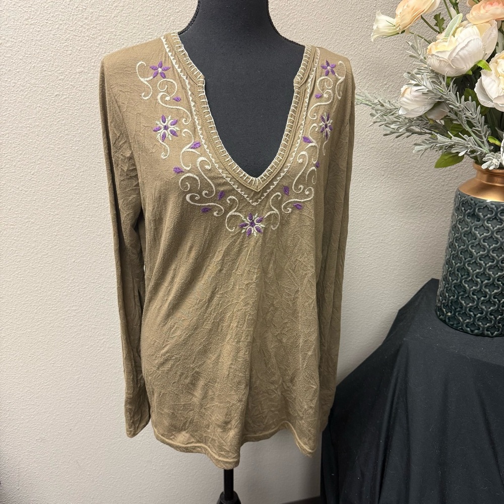 Roper Olive Boho Embroidered V-Neck Long Sleeve Top Western Festival XL